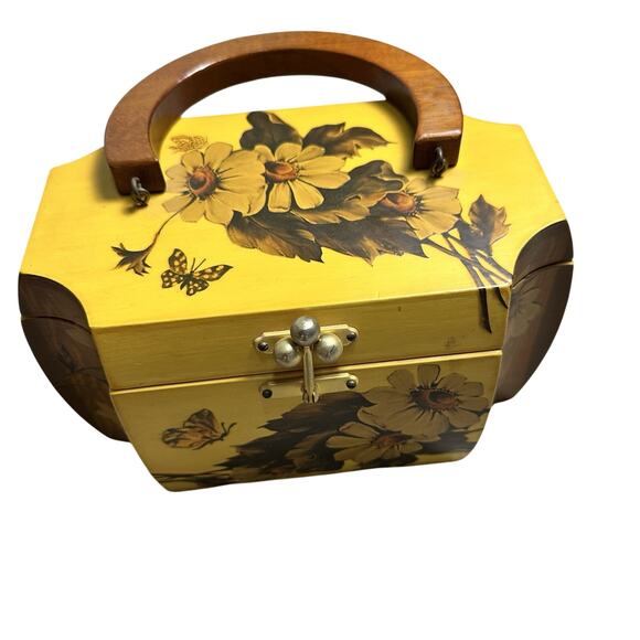 Vintage Wooden Folk Art Brown Yellow Floral Décolletage 1960s Purse Mirror Retro - Picture 2 of 12